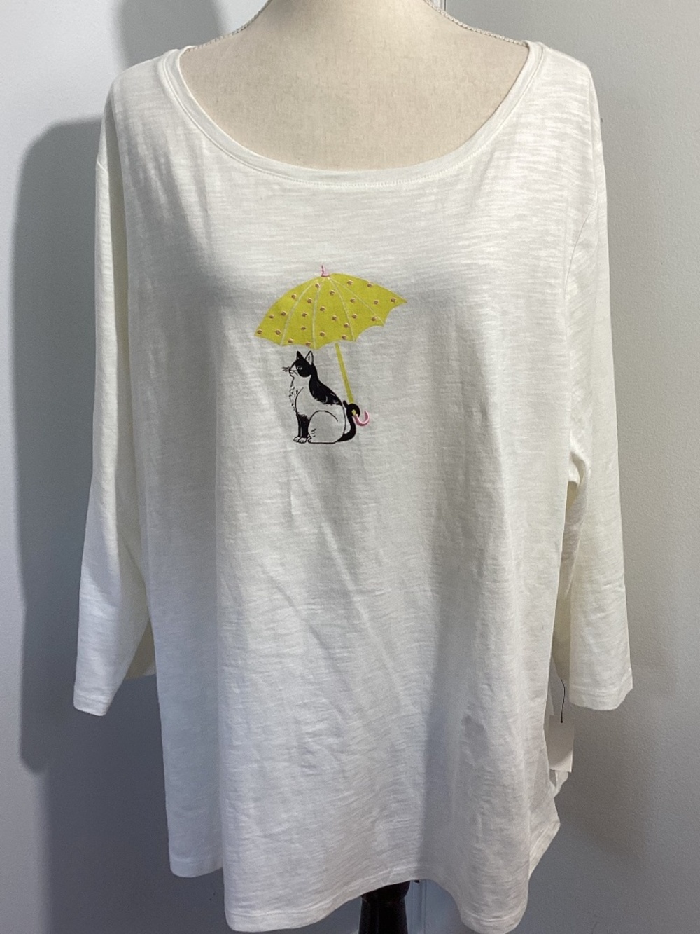 NWT  TALBOTS PLUS 3X IVORY NOVELTY CATS TOP 3/4 SLEEVE SLUB COTTON